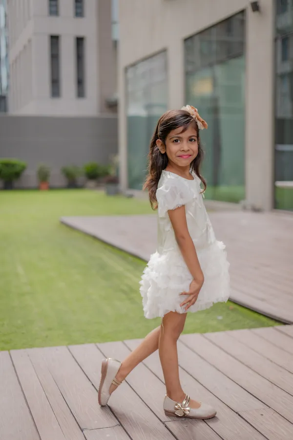 White_Neoprene_Ruffle_Puff_Sleeve_Party_Dress_For_Girls
