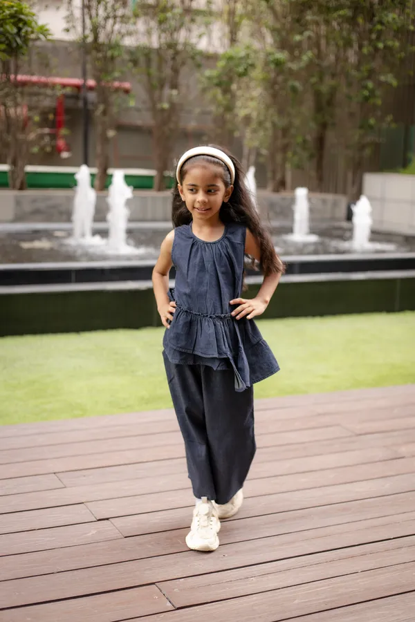 Navy_Denim_Sleeveless_Peplum_Top_And_Pants_Set_For_Girls