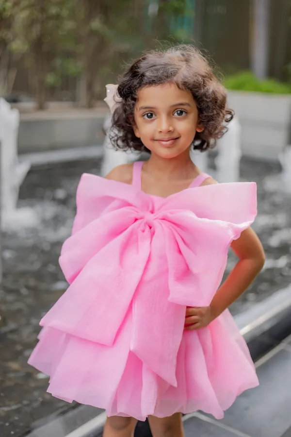 Pink_Neoprene_Tulle_Layered_Bow_Sleeveless_Party_Dress_For_Girls