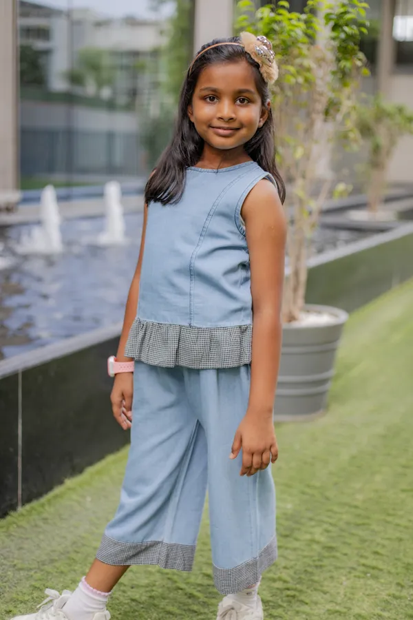 Blue_Denim_Checked_Peplum_Sleeveless_Co-Ord_Set_For_Girls