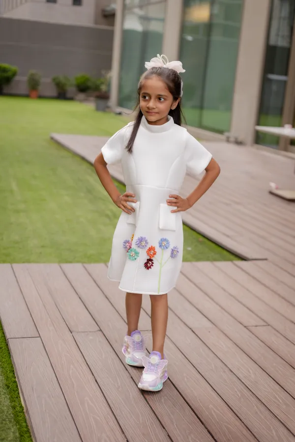 White_Neoprene_A-Line_Floral_Dress_For_Girls