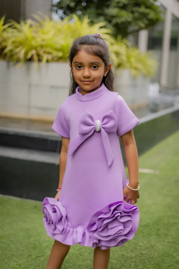 Lavender_Neoprene_Flared_Bow_Ruffle_Dress_For_Girls
