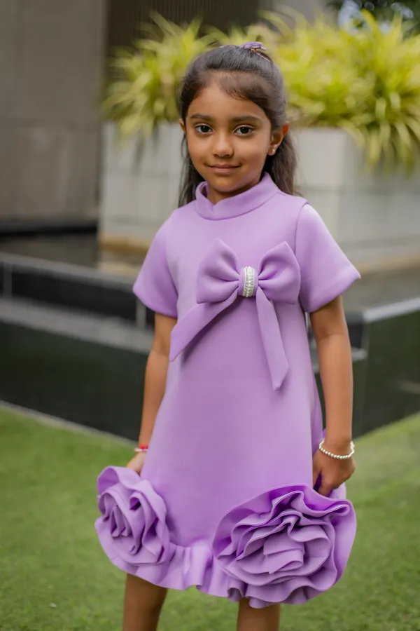 Lavender_Neoprene_Flared_Bow_Ruffle_Dress_For_Girls