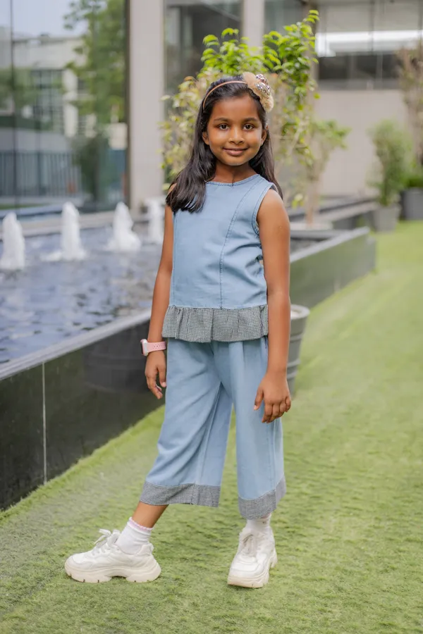 Blue_Denim_Checked_Peplum_Sleeveless_Co-Ord_Set_For_Girls