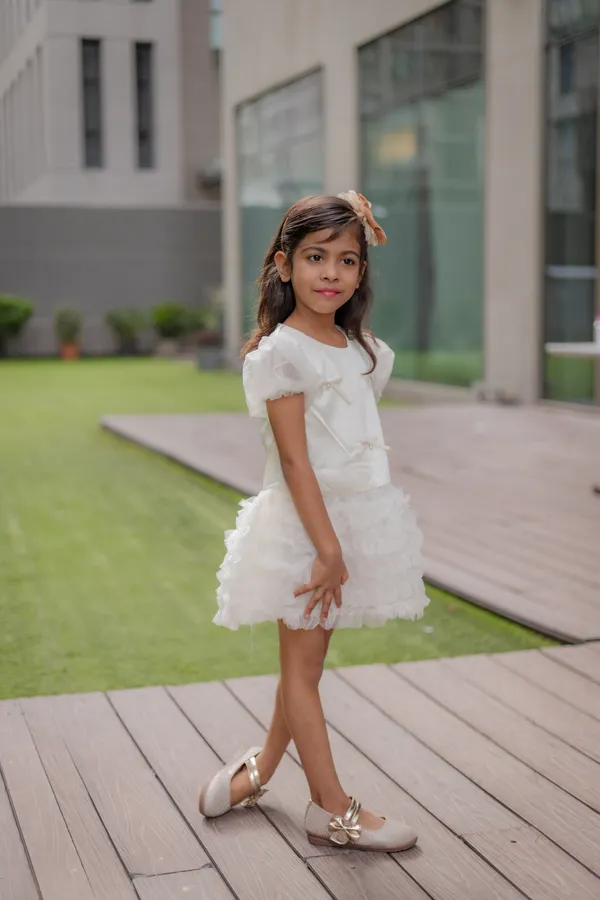 White_Neoprene_Ruffle_Puff_Sleeve_Party_Dress_For_Girls