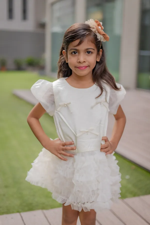 White_Neoprene_Ruffle_Puff_Sleeve_Party_Dress_For_Girls