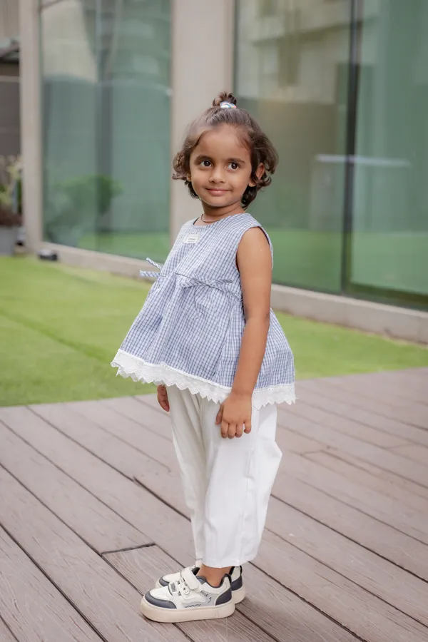 Blue_Premium_Cotton_Checked_Sleeveless_Tunic_And_Pants_Set_For_Girls