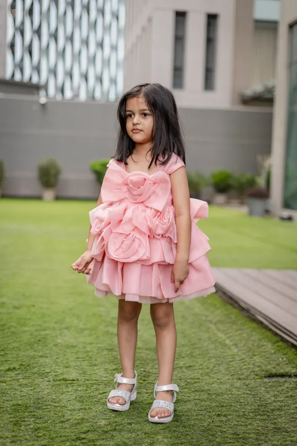 Pink_Neoprene_Layered_Ruffle_Short_Sleeve_Dress_For_Girls