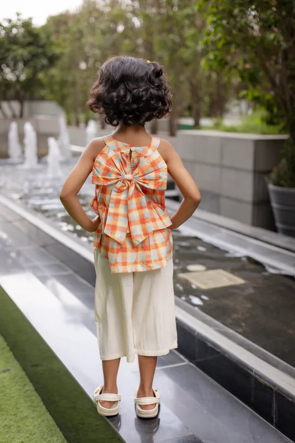 Orange_Premium_Cotton_Checkered_Sleeveless_Peplum_Top_Set_For_Girls
