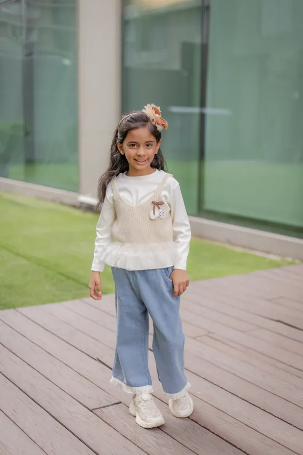 White_Beige_Premium_Cotton_Layered_Top_And_Pants_Set_For_Girls