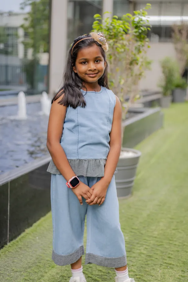 Blue_Denim_Checked_Peplum_Sleeveless_Co-Ord_Set_For_Girls