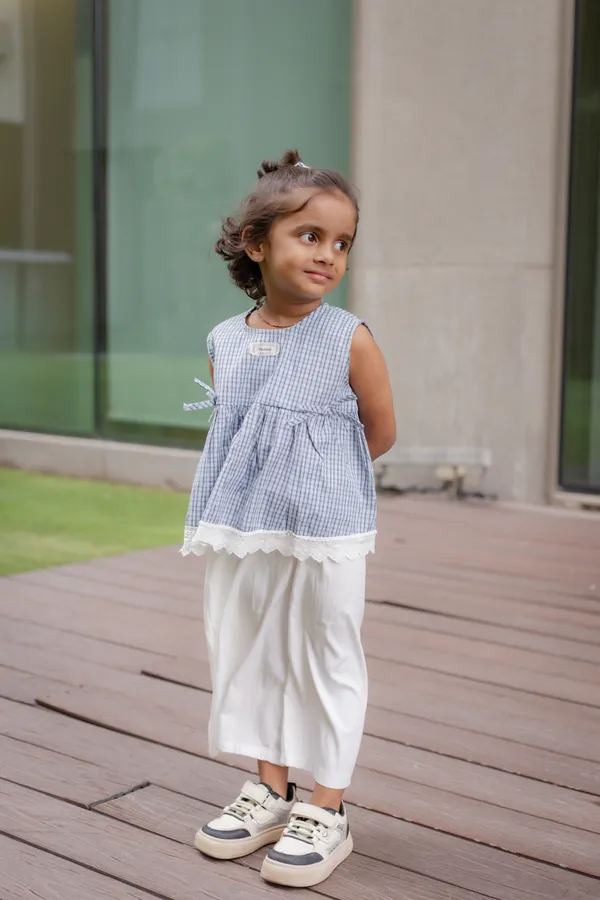 Blue_Premium_Cotton_Checked_Sleeveless_Tunic_And_Pants_Set_For_Girls