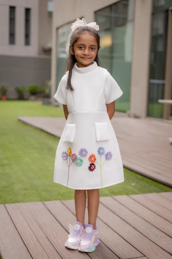 White_Neoprene_A-Line_Floral_Dress_For_Girls