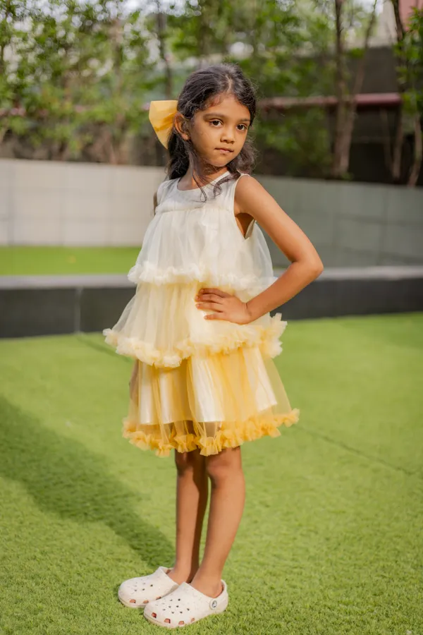 Yellow_Neoprene_Sleeveless_Tiered_Layered_Dress_For_Girls