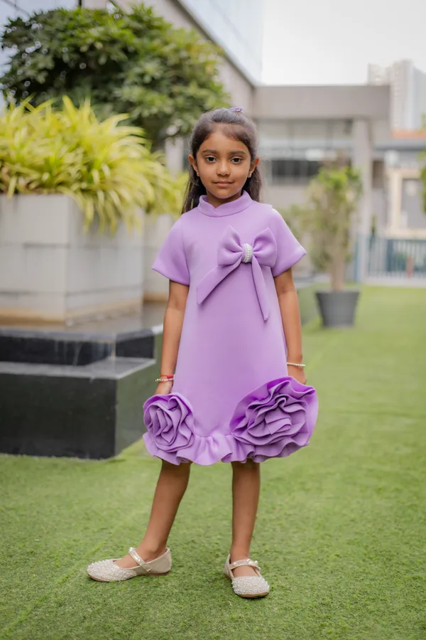 Lavender_Neoprene_Flared_Bow_Ruffle_Dress_For_Girls