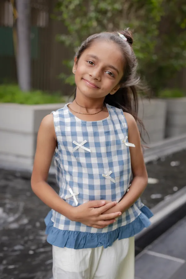 Blue_Premium_Cotton_Checked_Sleeveless_Top_And_Pants_Set_For_Girls