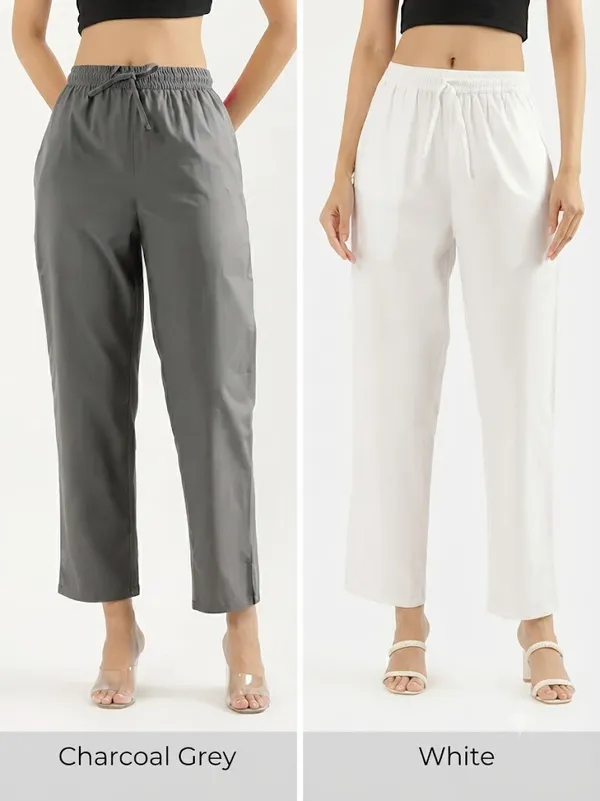 Women-White_&_Grey-Cotton-Straight-Pant