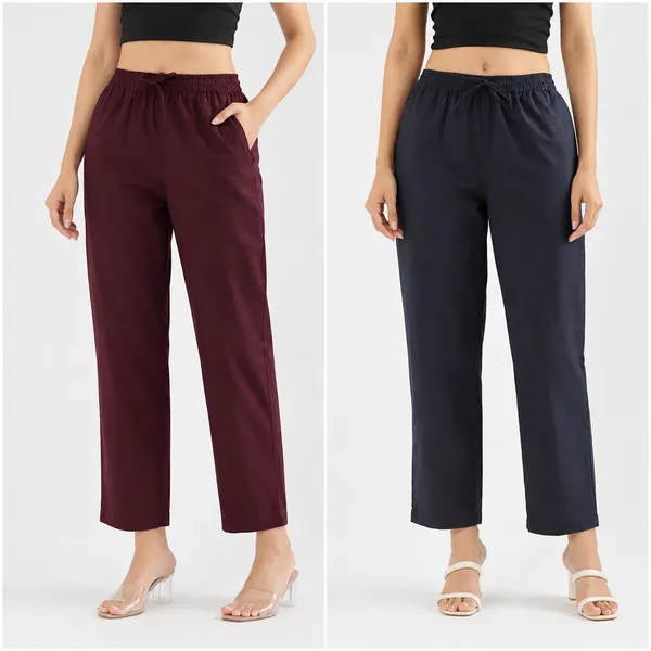 Women-Navy-Blue_&_Wine-Cotton-Straight-Pant