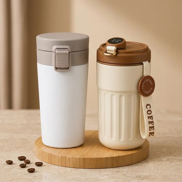 White_Stainless_Steel_Wide_Mouth_Insulated_Travel_Mug_And_Cream_Steel_Temperature_Display_Insulated_Coffee_Mug_With_StrapFor_Daily_Commutes,_Office_Use,_Travel,_Car_Cup_Holders