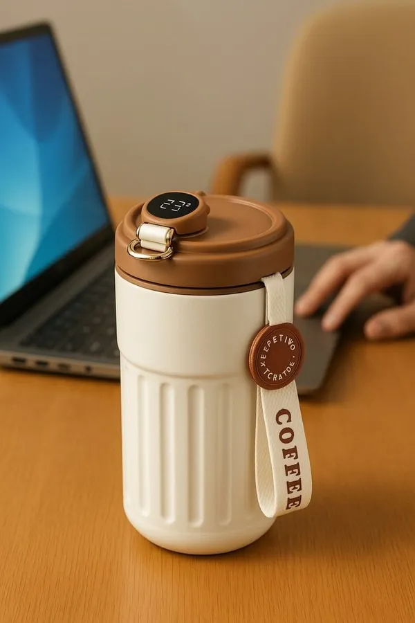 Beige_And_Brown_Steel_Temperature_Display_Insulated_Coffee_Mug_With_Strap_For_Home,_Office,_Travel
