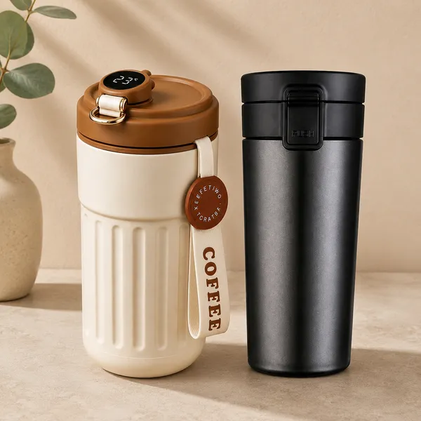 Black_Stainless_Steel_Insulated_Coffee_Travel_Mug_And_Beige_Steel_Temperature_Display_Insulated_Coffee_Mug_With_StrapFor_Commutes,_Office,_Road_Trips,_Outdoor_Adventures