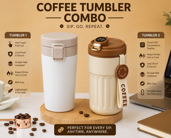 White_Stainless_Steel_Wide_Mouth_Insulated_Travel_Mug_And_Cream_Steel_Temperature_Display_Insulated_Coffee_Mug_With_StrapFor_Daily_Commutes,_Office_Use,_Travel,_Car_Cup_Holders