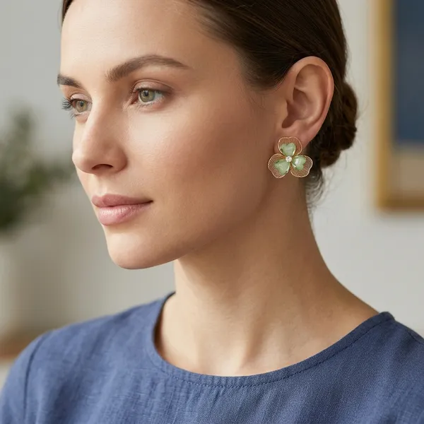 Green_Stone_Gold_Tone_Floral_Stud_Earrings_For_Women