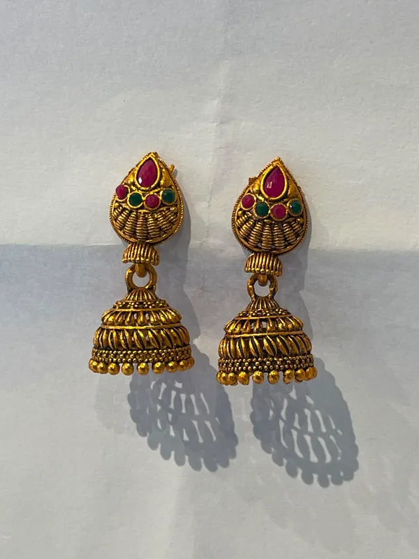 Gold_Plated_Antique_Jhumka_Earrings_With_Red_And_Green_Stones