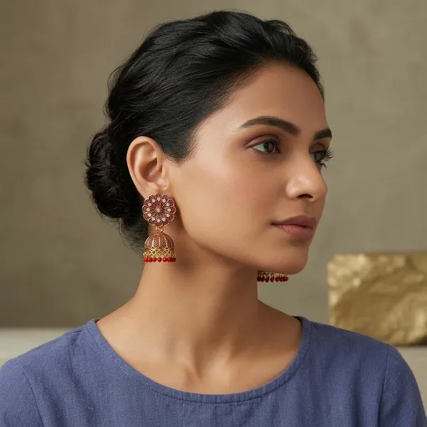 Antique_Gold_Floral_Jhumka_Earrings_With_Red_Beads