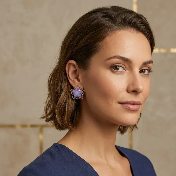 Purple_Stone_Flower_Stud_Earrings_With_Gold_Trim