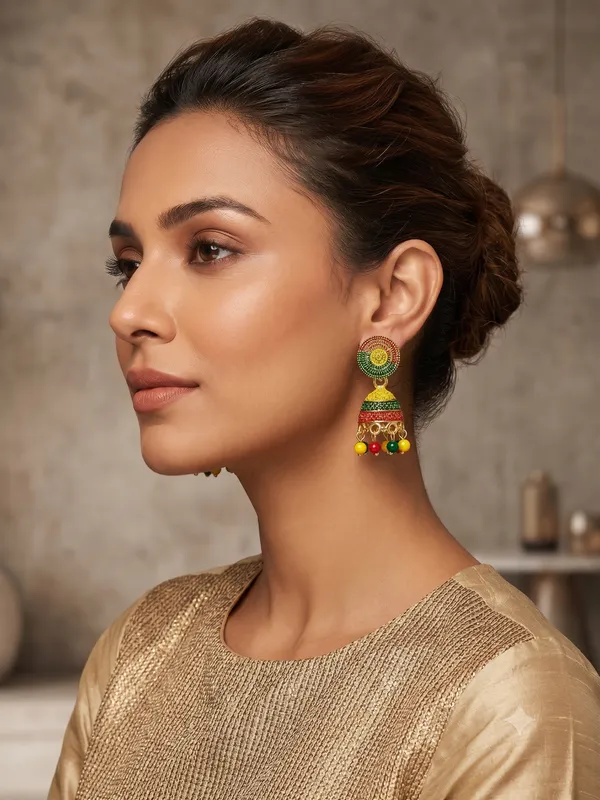 Multicolor_Beaded_Gold_Finish_Designer_Jhumka_Earrings