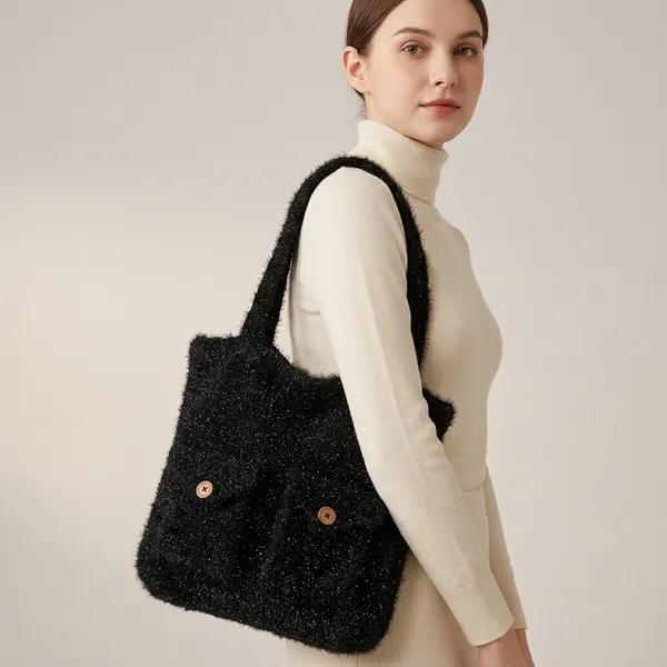 Black_Fuzzy_Textured_Shoulder_Bag_With_Dual_Straps_For_Women