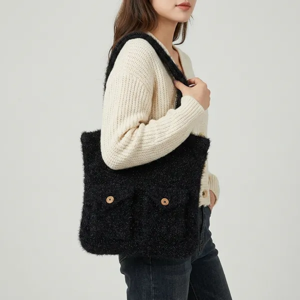 Black_Fuzzy_Textured_Shoulder_Bag_With_Dual_Straps_For_Women