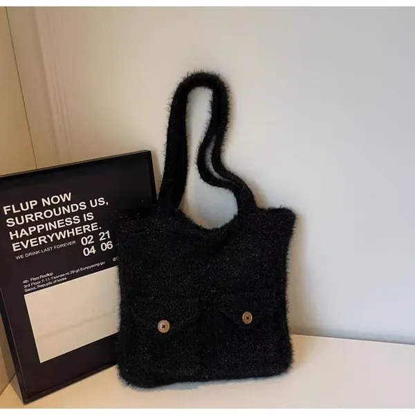 Black_Fuzzy_Textured_Shoulder_Bag_With_Dual_Straps_For_Women