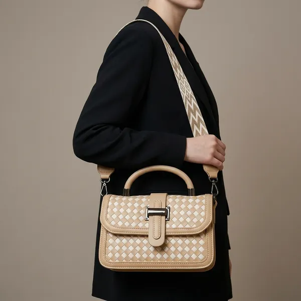 Beige_White_Woven_Checkered_Satchel_Bag_For_Women