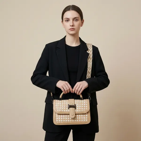 Beige_White_Woven_Checkered_Satchel_Bag_For_Women