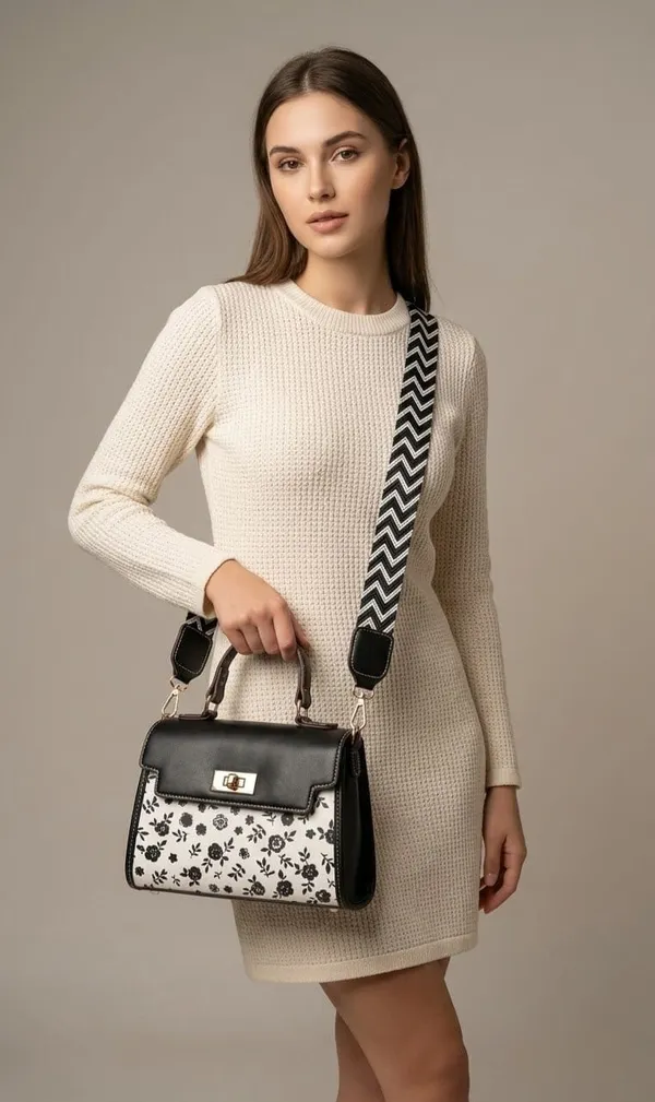 Black_White_Pu_Floral_Print_Structured_Handbag_Zigzag_Strap_For_Women