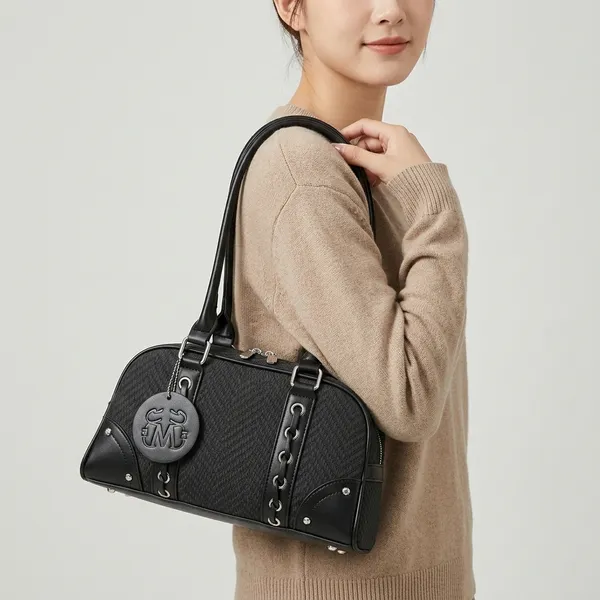 Black_Pu_Woven_Textured_Dome_Shoulder_Bag_For_Women
