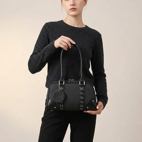 Black_Pu_Woven_Textured_Dome_Shoulder_Bag_For_Women