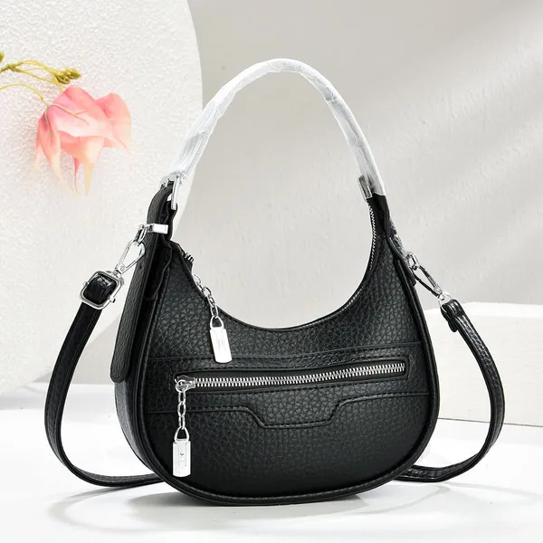 Black_Textured_Faux_Leather_Crescent_Hobo_Bag_For_Women