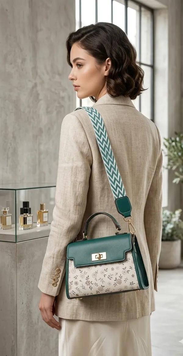 Green_Pu_Floral_Print_Structured_Handbag_Chevron_Strap_For_Women