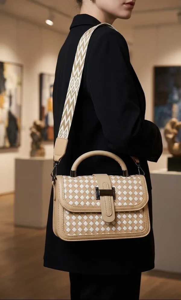 Beige_White_Woven_Checkered_Satchel_Bag_For_Women
