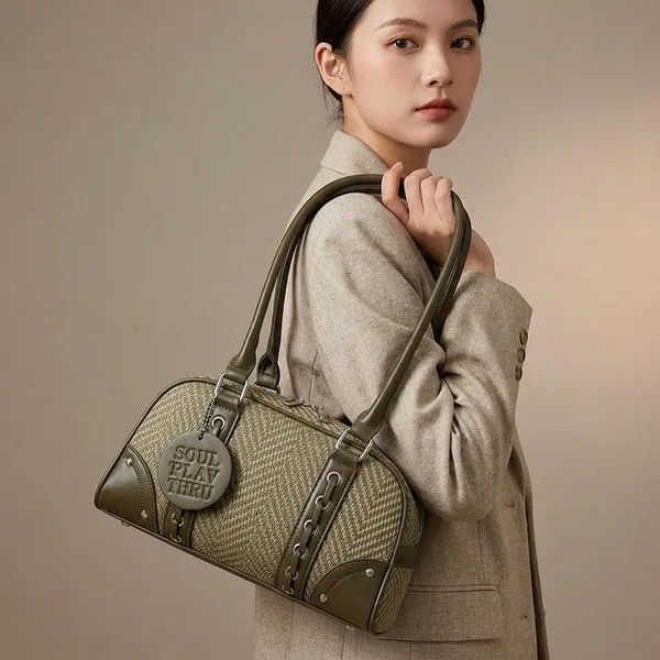 Olive_Green_Pu_Woven_Herringbone_Barrel_Shoulder_Bag_For_Women