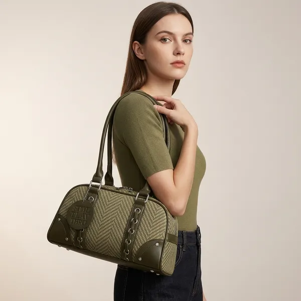 Olive_Green_Pu_Woven_Herringbone_Barrel_Shoulder_Bag_For_Women