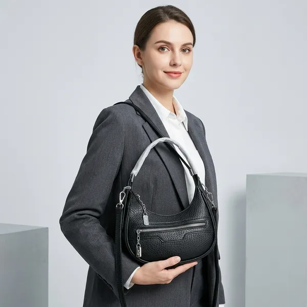 Black_Textured_Faux_Leather_Crescent_Hobo_Bag_For_Women