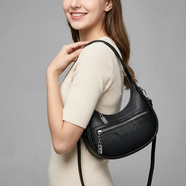 Black_Textured_Faux_Leather_Crescent_Hobo_Bag_For_Women