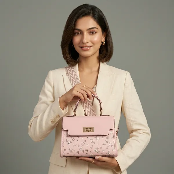 Pink_Pu_Floral_Print_Structured_Handbag_Braided_Handle_For_Women