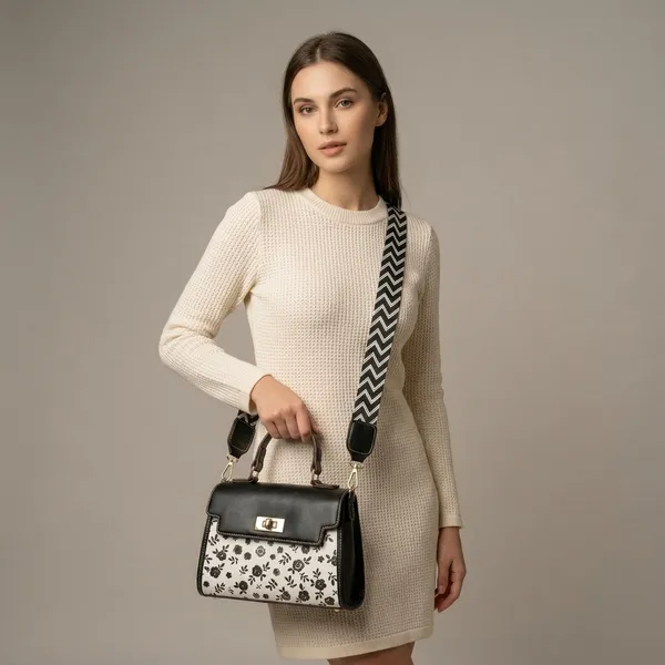 Black_White_Pu_Floral_Print_Structured_Handbag_Zigzag_Strap_For_Women