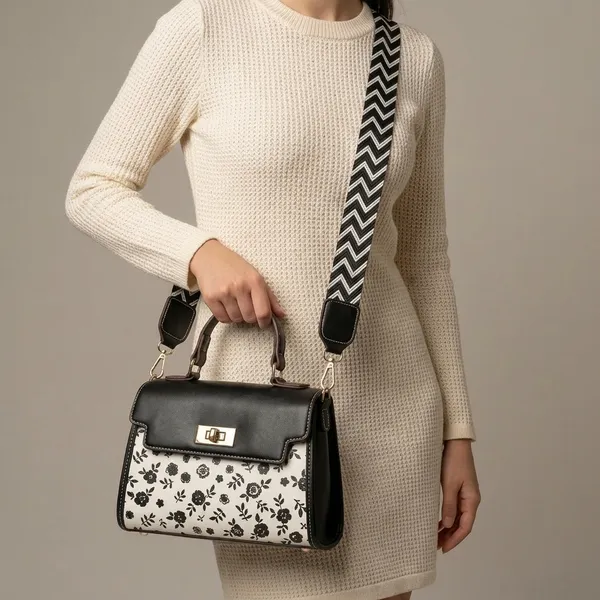 Black_White_Pu_Floral_Print_Structured_Handbag_Zigzag_Strap_For_Women