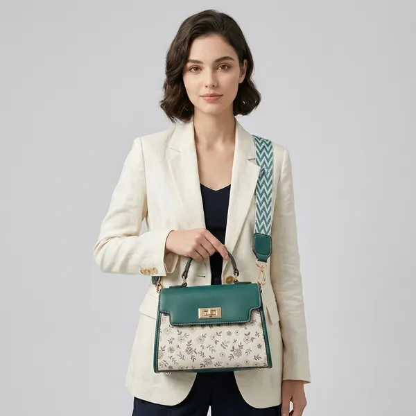 Green_Pu_Floral_Print_Structured_Handbag_Chevron_Strap_For_Women